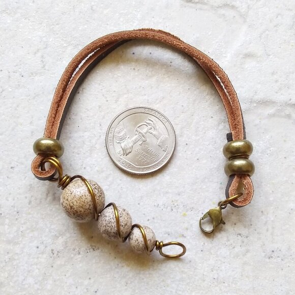 Chunky Graduated Picture Jasper + Genuine Rawhide Bracelet! Rustic Rugged Femme - Picture 4 of 6
